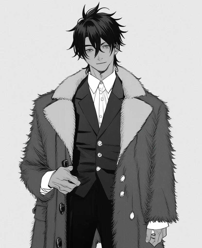 yuto-sano, 1boy, Kaneki, black hair, black suit, black long sleeves, fur coat, elegant, monochrome, solo, greyscale, male focus, looking at viewer