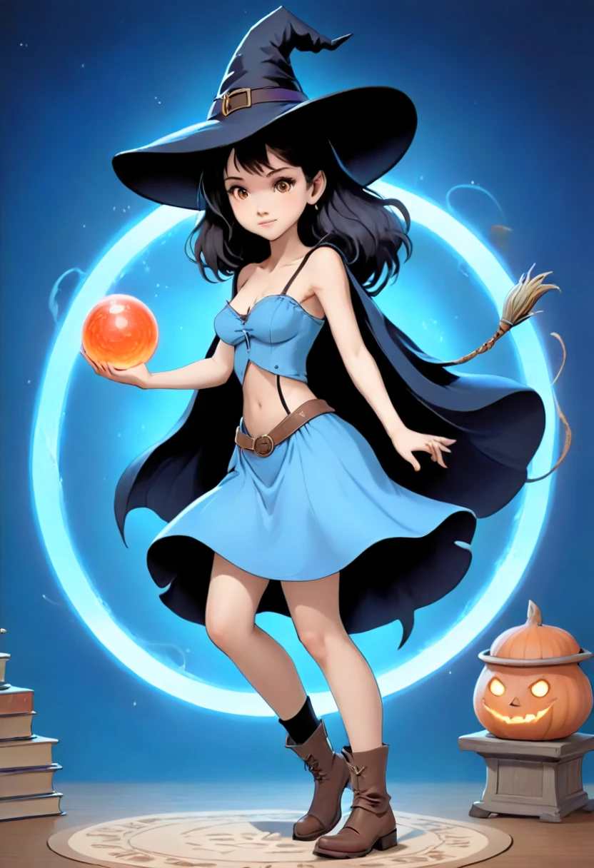 A beautiful witch in the style of Studio Ghibli, 1.55 tall, , with medium-length black hair, light brown eyes, fair skin, wearing a very short, transparent blue waist-length dress, black stockings and dark brown boots, a black and cinnamon cloak, a light brown handbag and a magic wand made of coral lizard. 8k image, ((highest quality)),(ultra high resolution),(Super detailed),(detailed description),((best GC)),(best artwork),super art precision,great drawing- art(Fantasy art with precise details:1.5),(witch:1.6),(and pretty cute shaped face:a 1.5),(Magic circle floating:1.6),dynamic pose:1.5,boots:1.3, magic circle, final fantasy XV style, 4K, super sexy, without panties