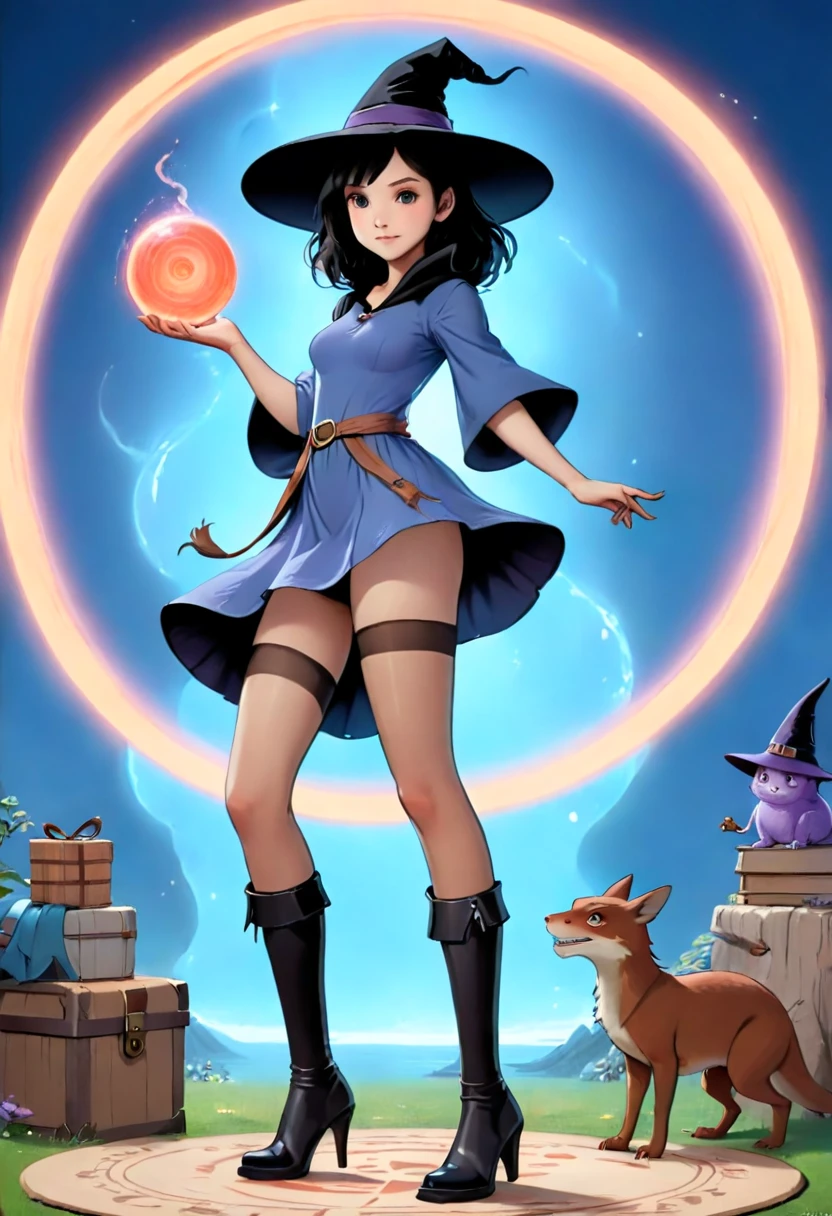 A beautiful witch in the style of Studio Ghibli, 1.55 tall, 16 years old, with medium-length black hair, light brown eyes, fair skin, wearing a very short, transparent blue waist-length dress, black stockings and dark brown boots, a black and cinnamon cloak, a light brown handbag and a magic wand made of coral lizard. 8k image, ((highest quality)),(ultra high resolution),(Super detailed),(detailed description),((best GC)),(best artwork),super art precision,great drawing- art(Fantasy art with precise details:1.5),(witch:1.6),(and pretty cute shaped face:a 1.5),(Magic circle floating:1.6),dynamic pose:1.5,boots:1.3, magic circle, final fantasy XV style, 4K, super sexy, without panties