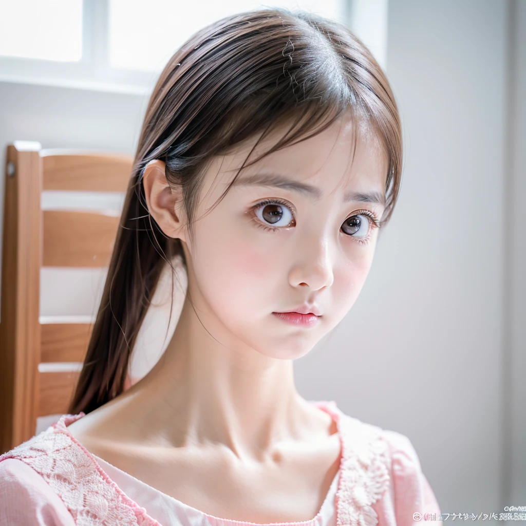  Looking straight ahead and glaring angrily, White background, Lift your eyes up, Ultra HD、128ｋ、Masterpiece、A kindergarten girl、 clavicle, RAW Photo、A girl with big eyes wearing light pink clothes、Long face, Professional Lighting、Japanese anime style,