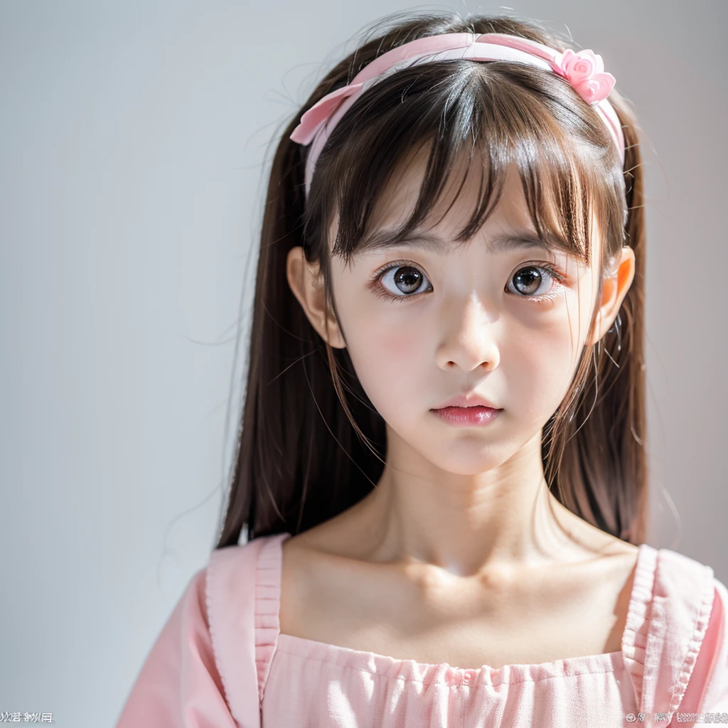  Looking straight ahead and glaring angrily, White background, Lift your eyes up, Ultra HD、128ｋ、Masterpiece、A 、 clavicle, RAW Photo、A girl with big eyes wearing light pink clothes、Long face, Professional Lighting、Japanese anime style,