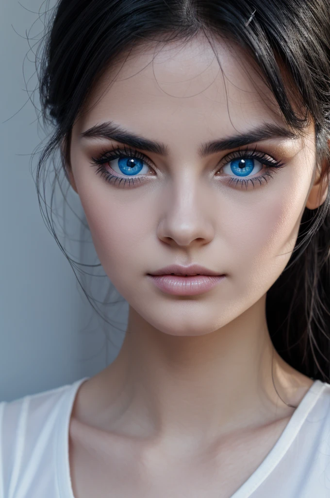 black hair girl, Lazio and long, blue eyes and big eyes with long eyelashes, a pale test, pink full lips