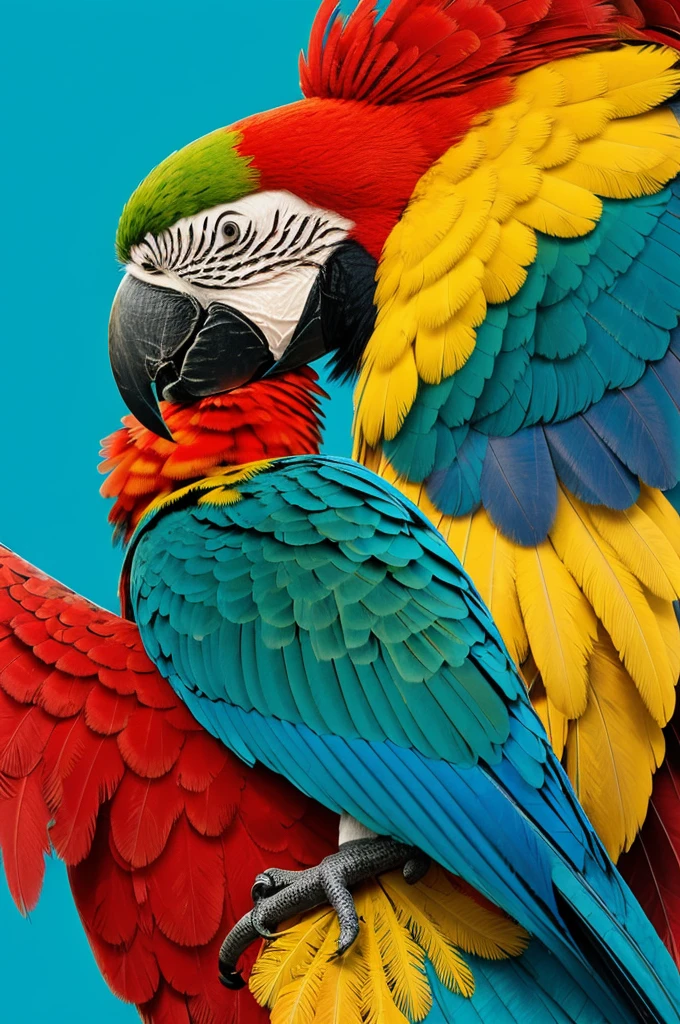 Imagine a 2D circular logo with a soft light blue background. In the center of the circle, draw a colorful and detailed macaw, with bright feathers in shades of red, blue, yellow and green. The macaw is positioned so that it stands out against the light blue background, creating a striking and attractive contrast.