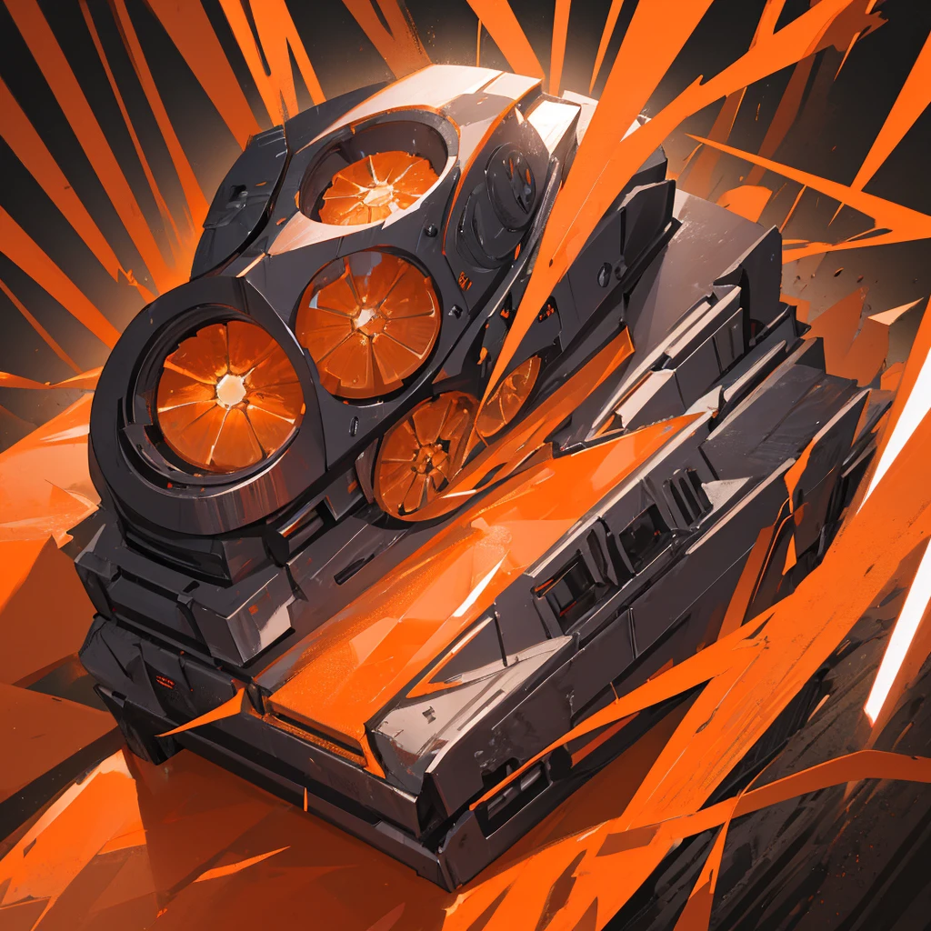 A huge future war，black，With orange decoration，future technology，，((Solid orange background))