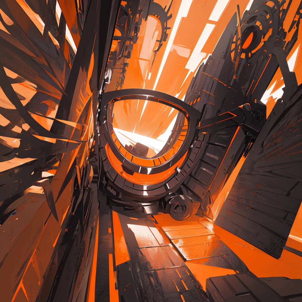 A huge future war，black，With orange decoration，future technology，，((Solid orange background))