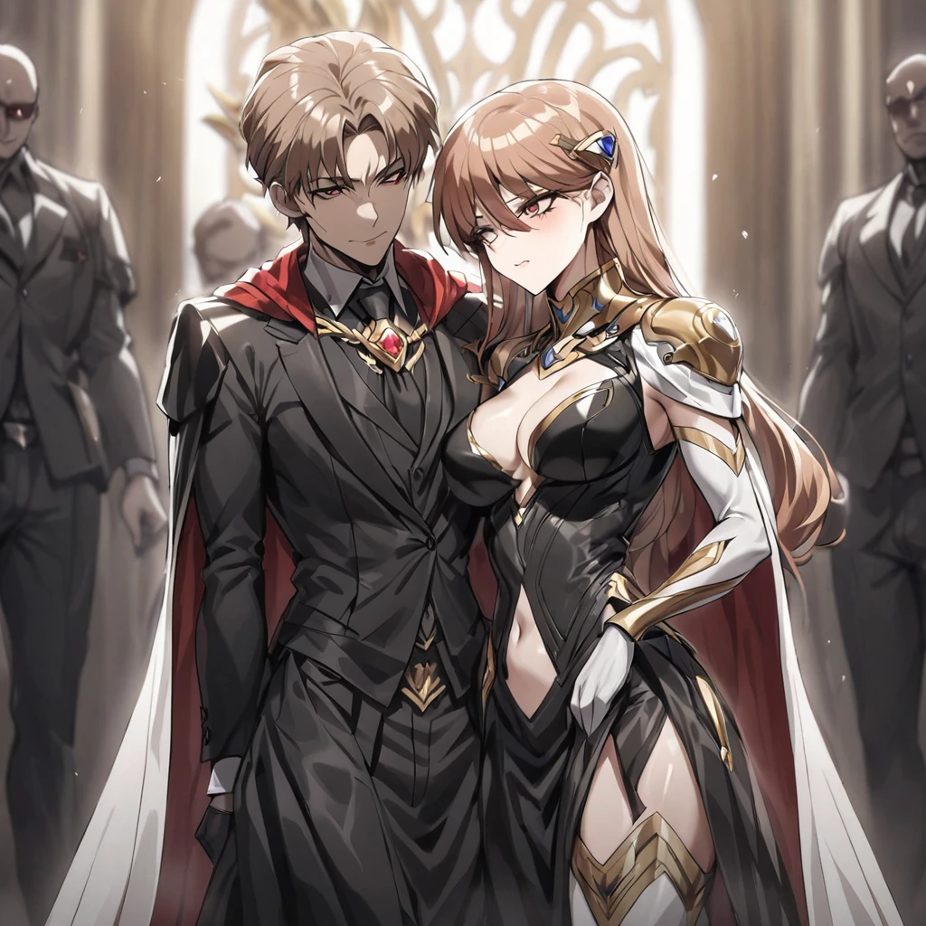 ((Highest quality)), ((masterpiece)), (detailed), （Perfect Face）、The woman is Princess Leona, with medium-long light brown hair, wearing a shiny, flashy, sexy, revealing black dress bodysuit, an open-front skirt, a cape, a headgear, lipstick and makeup, and is an evil female executive who is standing next to a man who is the dignified boss of an evil organization.、Women are brainwashed, expressionless, and have no highlights in their eyes.、The woman is being held close by the powerful boss of an evil organization.、The strong boss of an evil organization is embracing a woman and loving her.