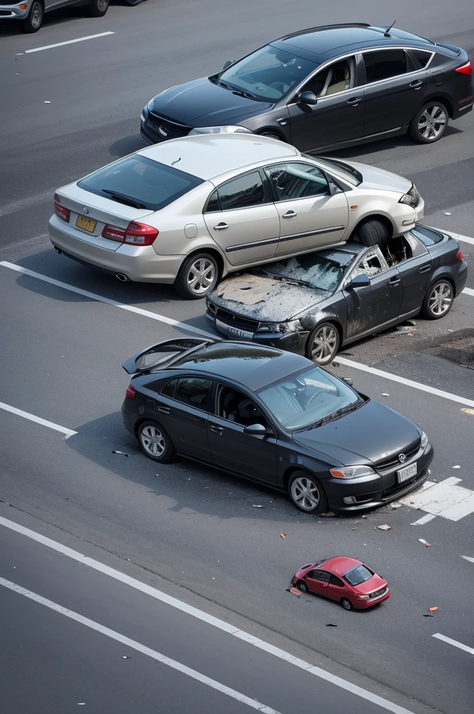 A car accident with a person thrown to the ground with cars the same size and the person on the ground