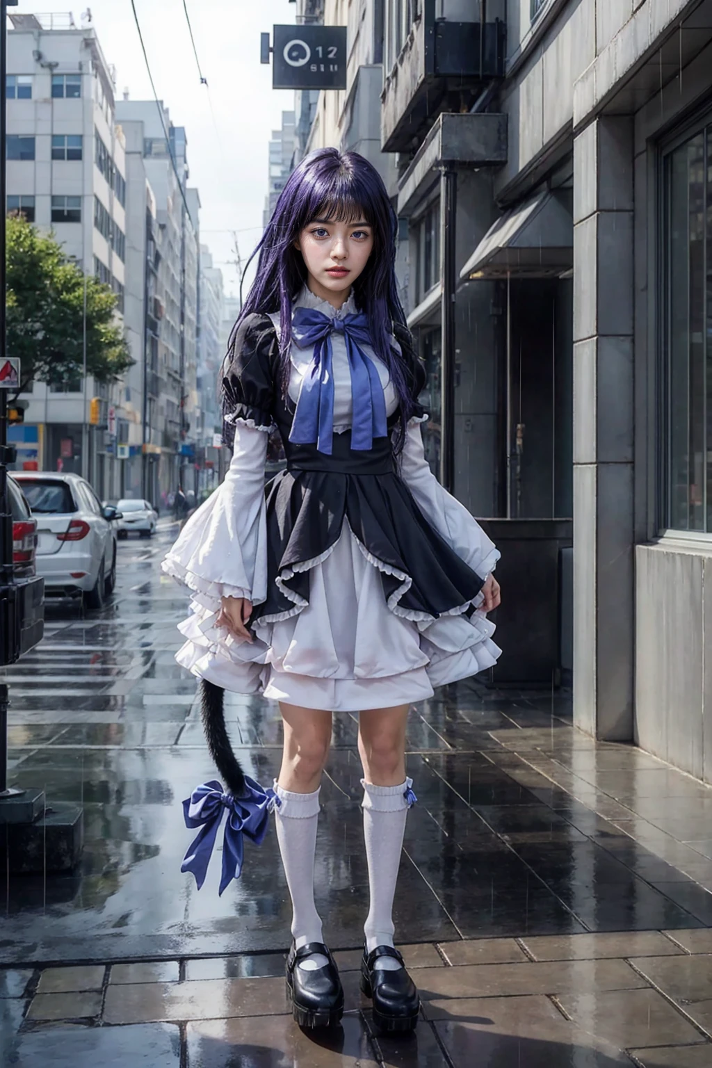 (masterpiece),best quality, frederica bernkastel,dress, tail bow, cat tail, bowtie, purple eyes, purple hair,mary janes, socks, blank eyes, empty eyes, (raining day:1.2), cloud, street, sidewalk, wet clothes, photorealistic, ((16k photography)), detailed face, ((Best Quality, Masterpiece: 1.3)), Sharp Focus: 1.2, A Beautiful Woman with Perfect Figure: 1.4, Slim Abs: 1.2, (Layered Hairstyle,: 1.2)), Rain: 1.3, Street: 1.2, Wet Body: 1.1, Highly Detailed Face and Skin Texture, Detailed Eyes, Double Eyelids, Big Breasts, Smile, irene1, CGI photography hyper realistic