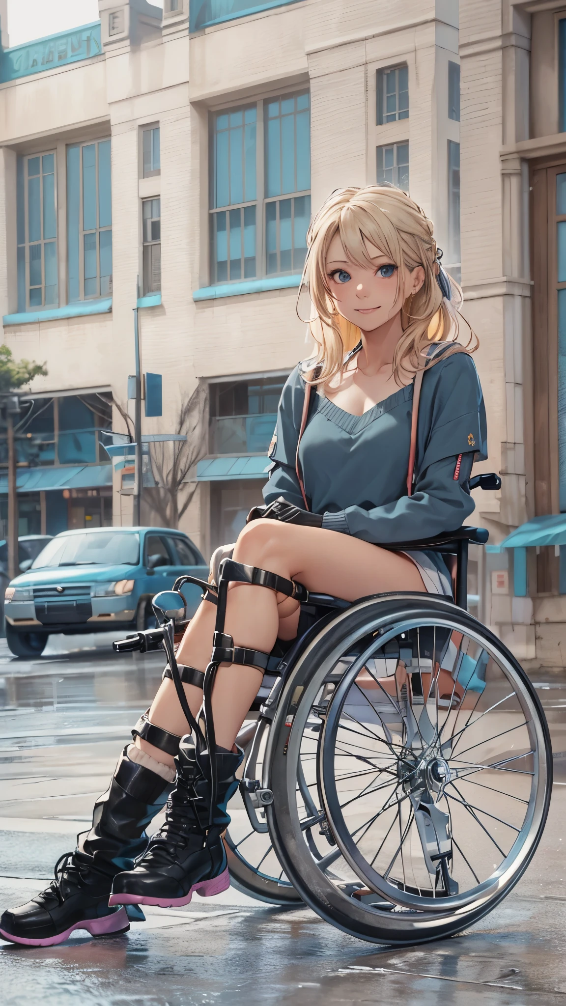 (Very detailed, Realistic), Cityscape, [moderately:Oil], [Professional:1.1], [Physically Based Rendering], [Bright colors], [Sharp focus], [Studio Lighting], [Extreme Detail], [Highest quality,4K,8K,High resolution,masterpiece:1.2],(Detailed face),((inside the hospital)),((One 18-year-old woman)),(Blonde unkempt hair),(dark),(it hurts),(Scary),(grin),[Nervous eyes],((her legs are very thin)),((She walks with crutches,Crutch length from armpit,Crutches are at her side)),((she leans on her crutches)),((she’s putting on her legs in cast)),((leg braces)),((leg braces)),((she’s wheelchair user)),((she’s wheelchair user)),((Her feet are turned inwards)),(street casual fashion,cold shoulder tops,shorts,loose socks),((lace-up-boots)),(gloves,Knee pads),.