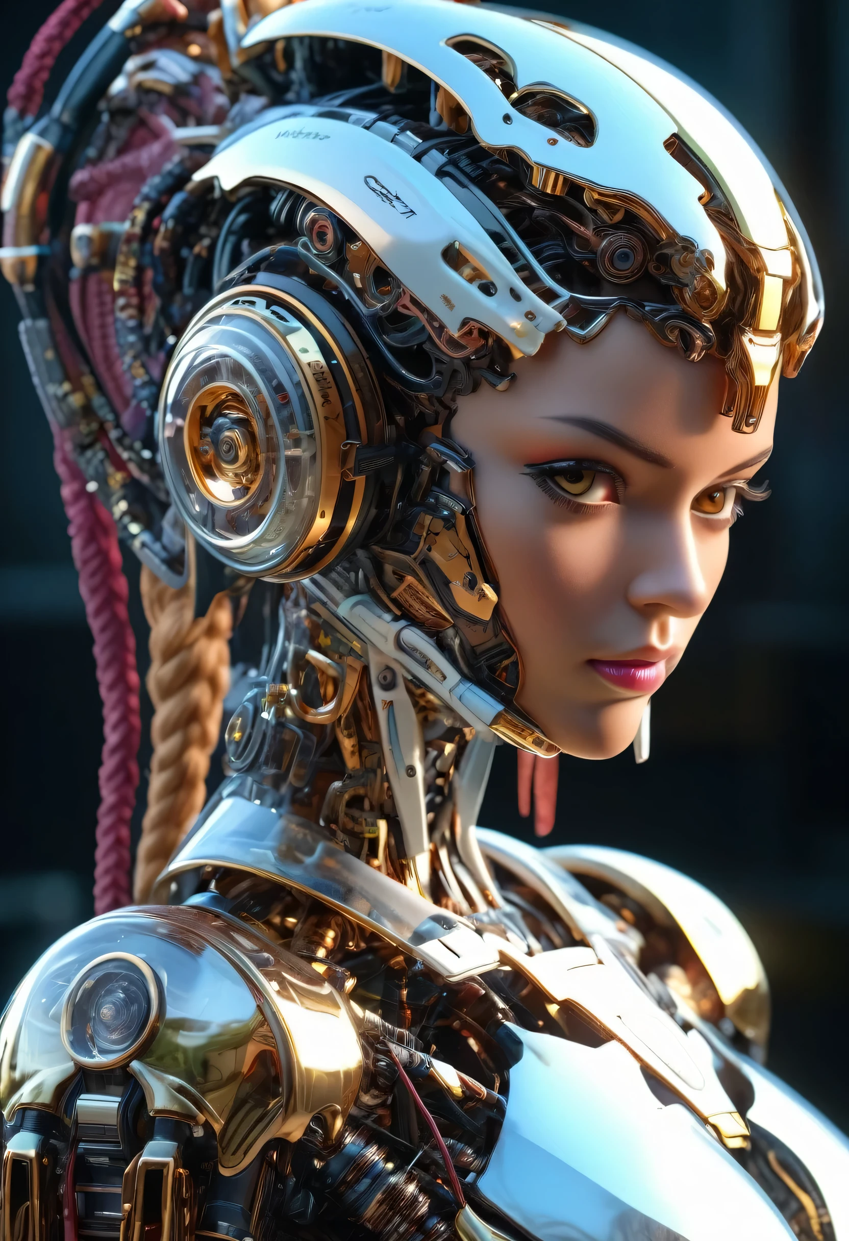 ((Best Quality)), ((Masterpiece)), (Very Detailed: 1.3), 3D, high saturation transparent robot transparent mecha valkirie-mecha, sexy cyberpunk (Virginian) woman wearing crown, with master chief style armor, brunette hair with braids, sci-fi technology, HDR (High Dynamic Range), ray tracing, nvidia RTX, super resolution, unreal 5, subsurface scattering, PBR texture, post-processing, anisotropic filtering, depth of field, maximum sharpness and sharpness, multi-layer texture, Specular and albedo mapping, surface shading,  accurate simulation of light-material interactions, perfect proportions, octane rendering, duotone lighting, low ISO, white balance, rule of thirds, wide aperture, 8K RAW, high efficiency subpixels, subpixel convolution, light particles, light scattering, Tyndall effect, (very Beautiful , full body, battle pose), 