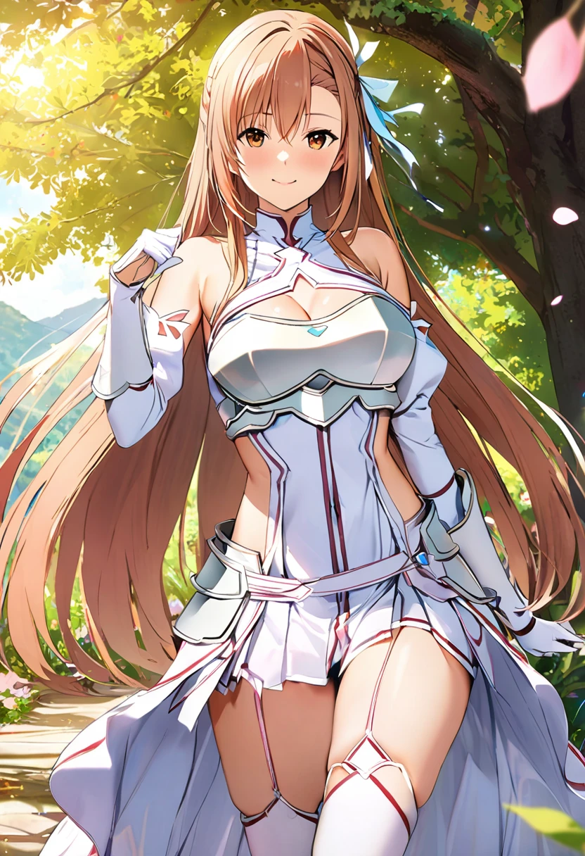 ((masterpiece)), Highest quality, Very detailed,(One Girl),Yuki Asuna、Asuna (stay), brown eyes, bare shoulders, breastplate, armor, detached sleeves, gloves, white gloves, thigh high boots, (red and white dress), Long Hair, Beautiful background ,Clothing,