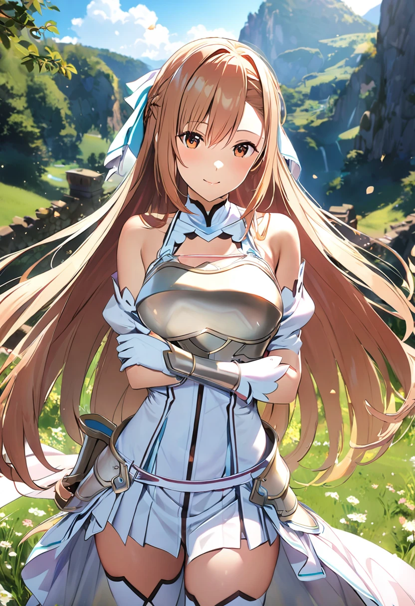 ((masterpiece)), Highest quality, Very detailed,(One Girl),Yuki Asuna、Asuna (stay), brown eyes, bare shoulders, breastplate, armor, detached sleeves, gloves, white gloves, thigh high boots, (red and white dress), Long Hair, Beautiful background ,Clothing,  