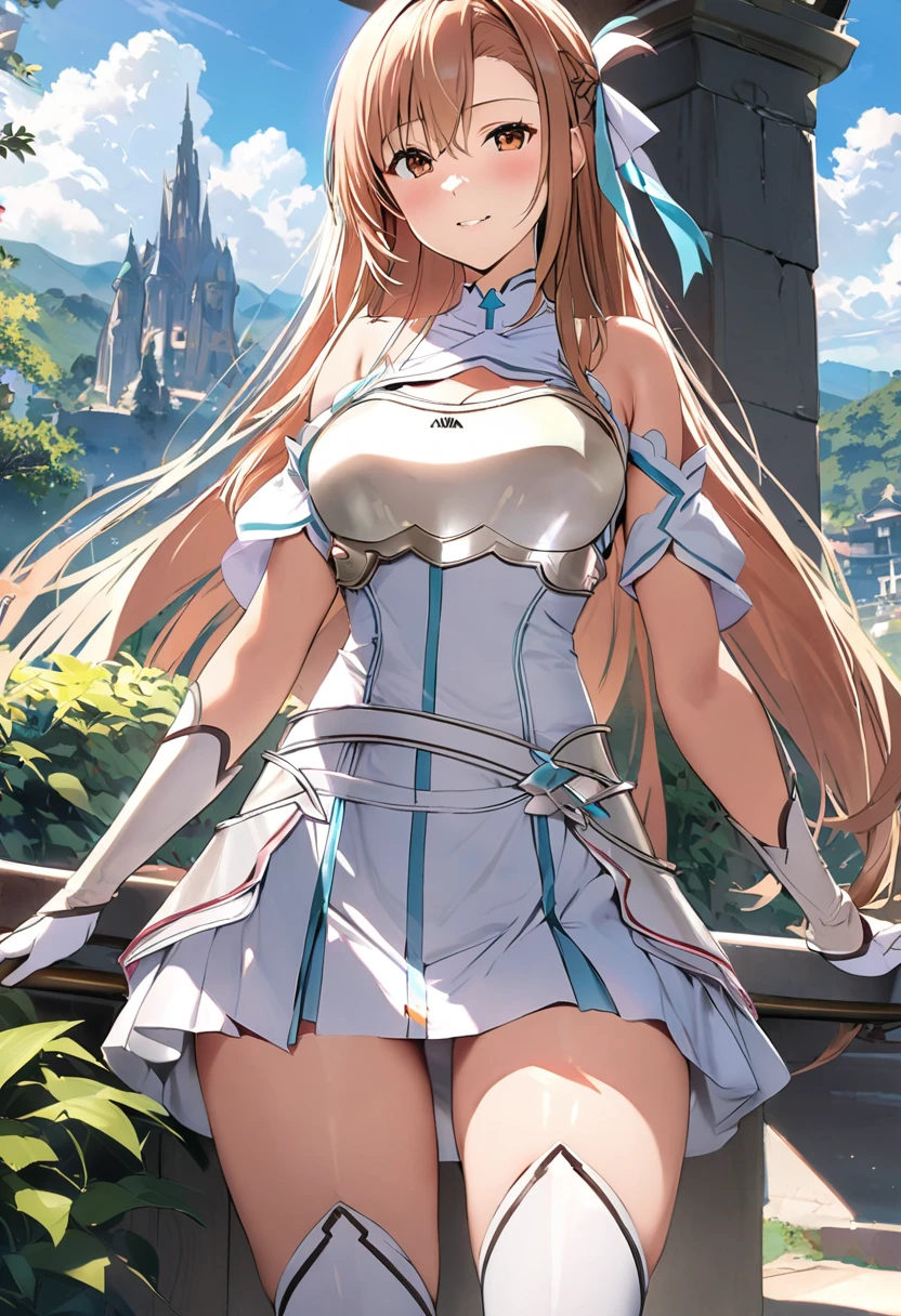 ((masterpiece)), Highest quality, Very detailed,(One Girl),Yuki Asuna、Asuna (stay), brown eyes, bare shoulders, breastplate, armor, detached sleeves, gloves, white gloves, thigh high boots, (red and white dress), Long Hair, Beautiful background ,Clothing,  