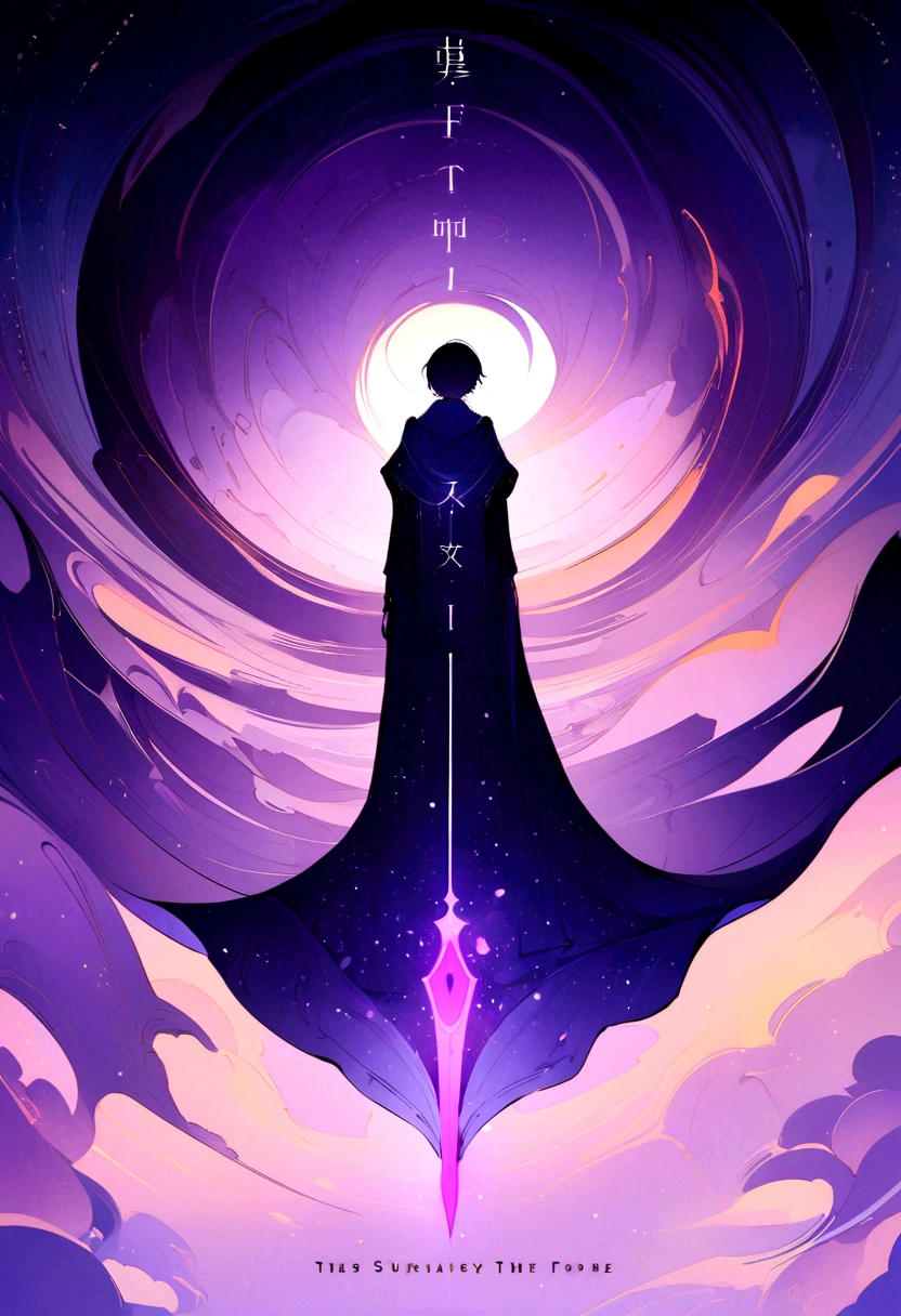 Produce a flat, graphic design with proper title. The design shows that A ordinary boy stands in the center of the image, above him a shadow of him in a future, an epic warrior using a orange breastokate and a purple magic sword. He is surrounded by a swirling mist and an ominous, otherworldly landscape. Bold and elegant serif font for the title "Intangível," with a slight slant to add a dynamic touch. Subtitle in a clean and simple sans-serif font. The title is placed at the top of the cover, spanning the full width with a slight arch. The subtitle is aligned horizontally beneath the title, centered and slightly smaller in size. The design must be a two-dimensional, plain image designed by artist Yata and Yata.