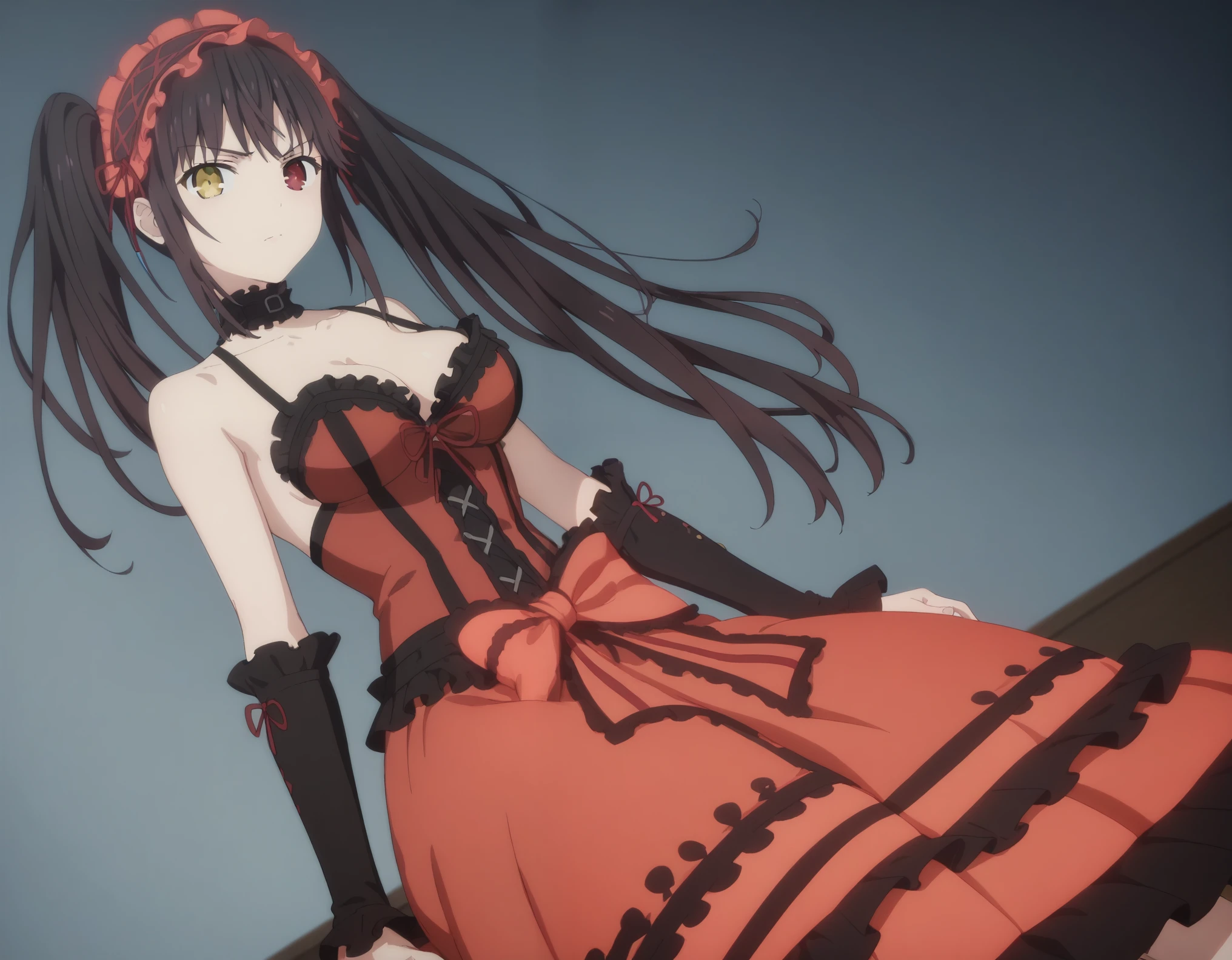 kurumi tokisaki, black hair, red eyes, long hair, twintails, yellow eyes, hairband, heterochromia, dress, red dress
unbuttoned, bare shoulders, collarbone, choker, bowtie, red bowtie, detached sleeves, corset unbuttoned, frills, cleavage unbuttoned,sitting,legs open, looking at viewer, cowboy shot, dutch angle,showing naked breasts, medium large breasts,
showing naked breasts(cowboy photo: 1)