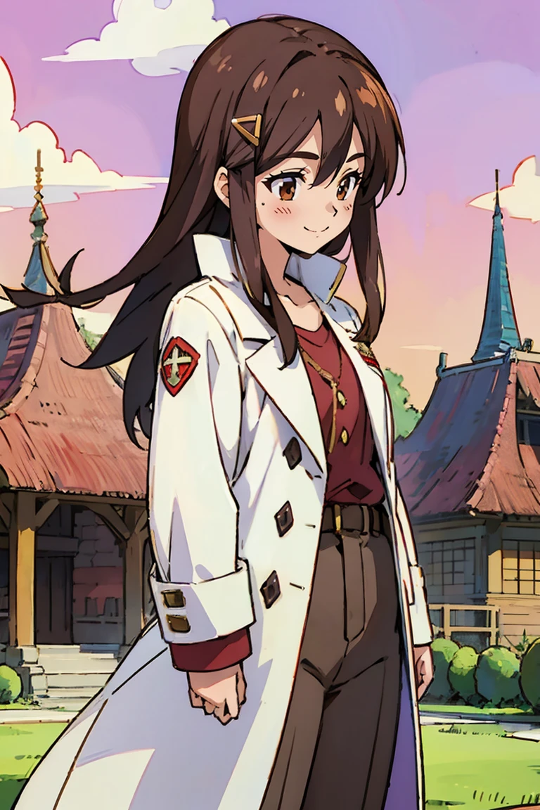 (masterpiece, best quality:1.2), shion shishibe, 1girl, buttons, coat, jacket, long sleeves, open clothes, open jacket, pants, shirt, solo, white jacket, brown eyes, reddish brown hair, coat, collarbone, hair ornament, jacket, labcoat, long hair, uper body, background with((village, old houses, outdoors, folk, fantasy world, castle, beautiful sky, shining sky, sunshine))