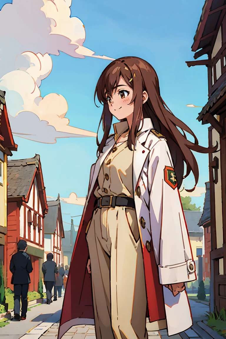 (masterpiece, best quality:1.2), shion shishibe, 1girl, buttons, coat, jacket, long sleeves, open clothes, open jacket, pants, shirt, solo, white jacket, brown eyes, reddish brown hair, coat, collarbone, hair ornament, jacket, labcoat, long hair, uper body, background with((village, old houses, outdoors, folk, fantasy world, castle, beautiful sky, shining sky, sunshine))