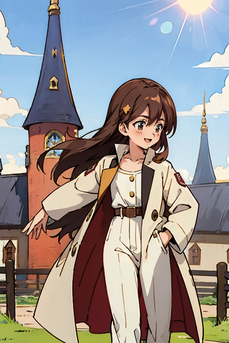 (masterpiece, best quality:1.2), shion shishibe, 1girl, buttons, coat, jacket, long sleeves, open clothes, open jacket, pants, shirt, solo, white jacket, brown eyes, reddish brown hair, coat, collarbone, hair ornament, jacket, labcoat, long hair, uper body, background with((village, old houses, outdoors, folk, fantasy world, castle, beautiful sky, shining sky, sunshine))