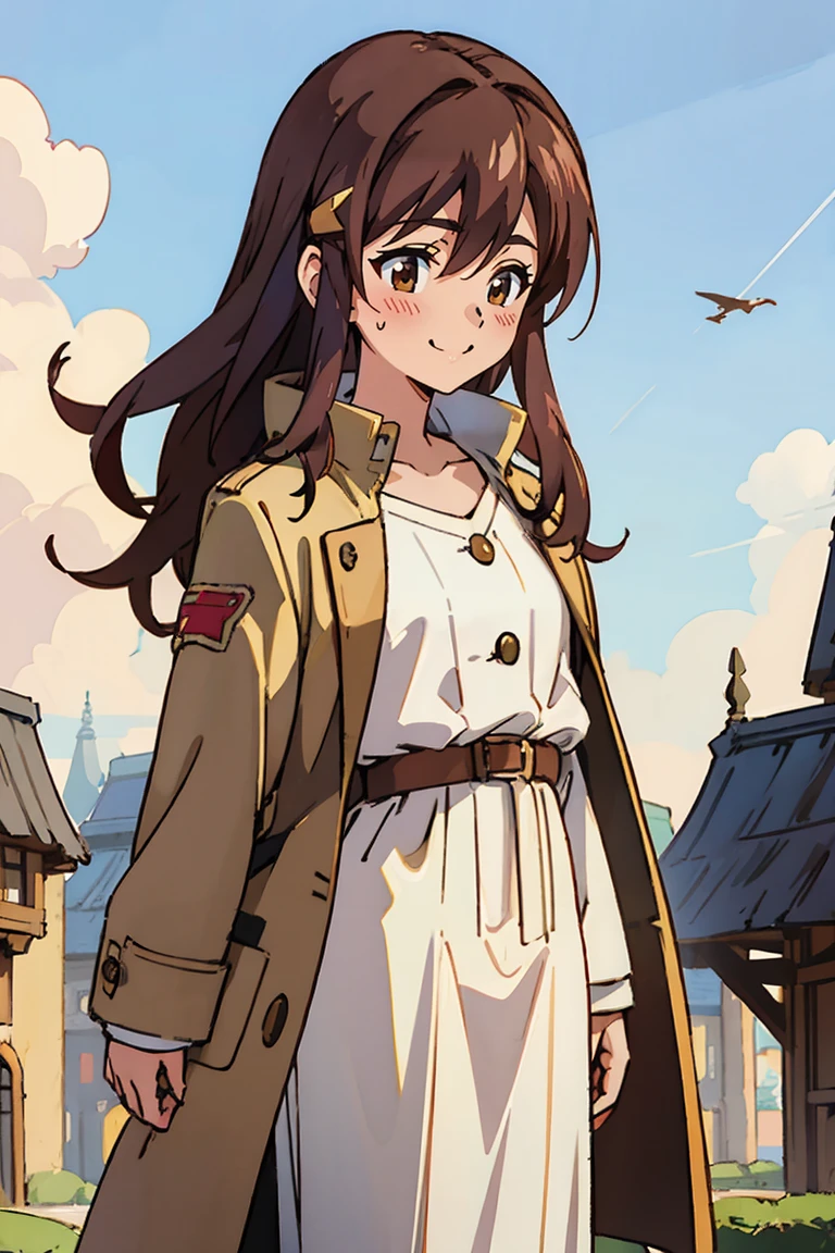 (masterpiece, best quality:1.2), shion shishibe, 1girl, buttons, coat, jacket, long sleeves, open clothes, open jacket, pants, shirt, solo, white jacket, brown eyes, reddish brown hair, coat, collarbone, hair ornament, jacket, labcoat, long hair, uper body, background with((village, old houses, outdoors, folk, fantasy world, castle, beautiful sky, shining sky, sunshine))