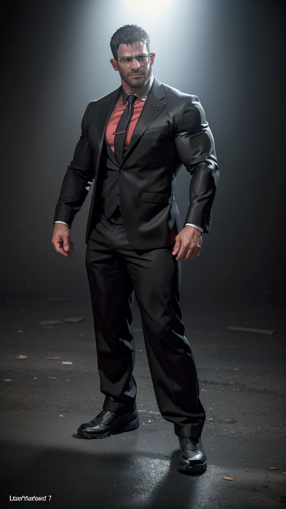 An award-winning original photo,A wild muscular Chris Redfield from Resident Evil 8, (45 years old daddy:1.1), 1boy, Solo, (black suit), (white dress shirt), (red print necktie), (big shoulders), musculature, stubbles, Short beard, squinting eyes under the sunlight:1.3, ), (Detailed face:1.3), wearing glasses, slight smirk, wears no pants and any shoes, wearing black suit socks, very high bulge, black boxer, Dynamic Angle, volumetric lighting, (Best quality, A high resolution, Photorealistic), Cinematic lighting, Masterpiece, RAW photo, Intricate details, hdr, depth of field, full body shot