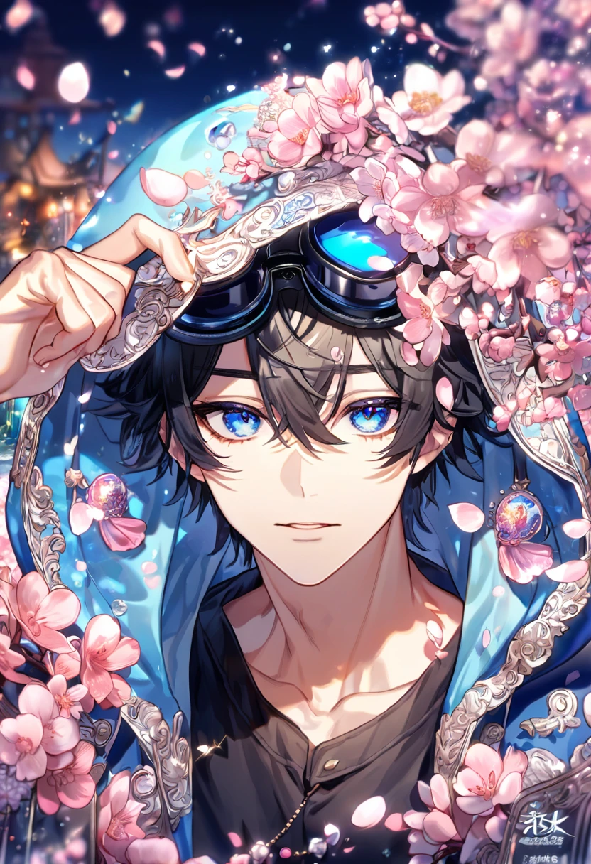 Ultra detailed, highres, absurdres, HDR, master piece, Gareki, messy hair, black hair, hair between the eyes, expressive blue eyes, Karneval, fantasy, pink petals, water, pink flowers, handsome, sexy man, solo, best quality, blossoms, blue shining fireflies, black shirt, a hooded blue coat, a pair of black goggles on the forehead