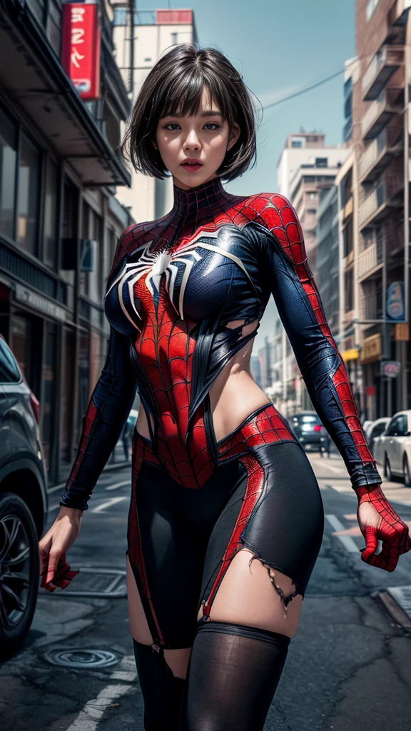 Mature Woman、(masterpiece, Highest quality), Intricate details, 8K, 1 Girl, Long Hair, Bowl Cut Hair,((blunt bangs))、 Black Hair,((Spiderman Suit)),Skyscraper, city, building, car, street,((Delicate painting)),(Detailed RAW photos of girls), (Pieces fly:1.25), (Highest quality:1.6), (Ultra-high resolution:1.5), (Photorealistic:1.75), 8K resolution, Canon EOS R5, 50mm, Confused, Very detailed,Cinema Lighting、(((Super big breasts)))、Leg spread、(I can see your abs)、((Separate suits))、Spider knee-high socks、Sexy pose、spiderman bikini、(((Ripped and tattered suit:1.1)))