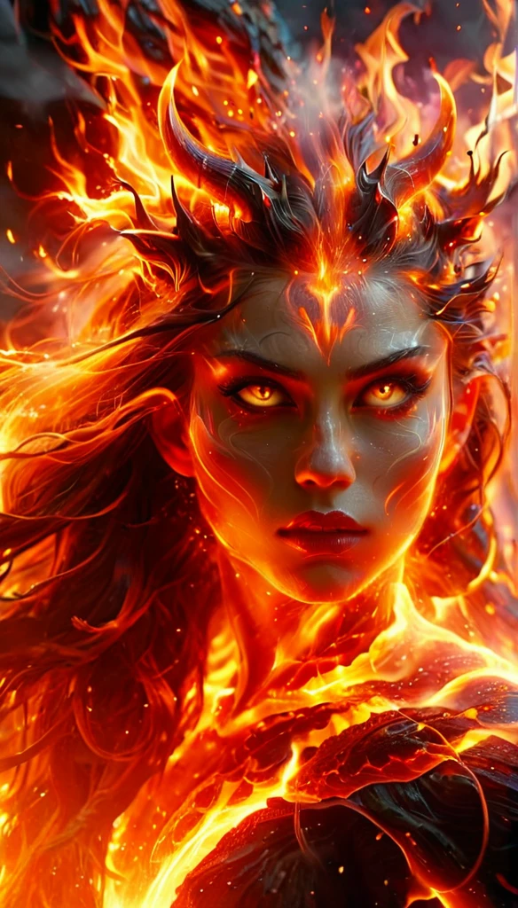 (best quality,absurdres), realistic, 8k, ultra-detailed, face medium close up, female lava demon, demonic beautiful woman face, beautiful demon eyes, little horns, dangerous look, fiery long hair, part of the hair blown by the wind scatters fiery sparks, part of the hair floats on the surface of the lava, immersed in lava, swimming in lava, head and neck visible, body immersed in hot lava fire element,