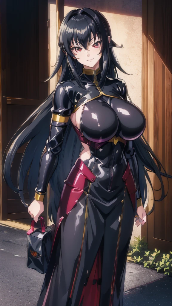 ANIME , high detailed
1 shy girl, long hair, Black hair, magenta eyes, shy smile,round buson, black Sattela' clothes, Very large black Long skirt, Warhammer in hands, smiling