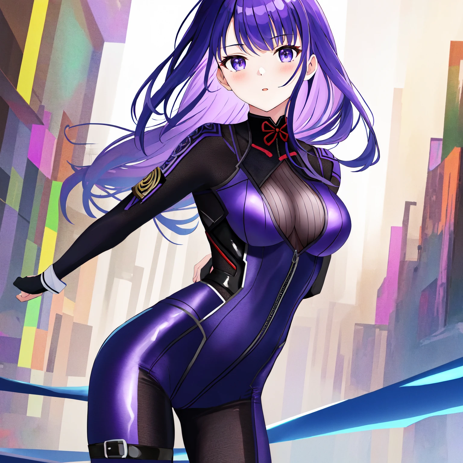 Master piece, High Quality, 1Girl, Raiden Shogun, Body Suit purple, Hero Pose, Hands behind back