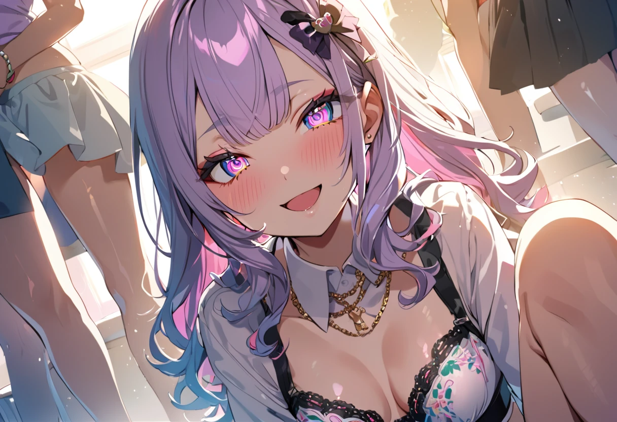(3girls sitting, harajuku, kawaii, gyaru, small breasts, school classroom, :1.4),(high detailed eyes, eye lashes, mascara, evil smile, :D, shiny skin, fullbody:1.2), (bracelet, jewelry, necklace, various color hair:1.3), {short black bob hair|bung hair|low twin tail hair}, hair scrunchie, hair ornament, shiny clothes, (perfect lighting, side lighting, light leak), dynamic angle, (beautiful embroidery, intricate, elaborate lace-trimmed high detailed bra and panties, (lace-trimmed:1.2), frill, {white|white|pink|pink|yellow|orange|green|blue|light blue|light purple} underwear, cleavage), (close-up face:1.3), (best quality), (masterpiece), detailed, (illustration), an extremely delicate and beautiful, girls sandwich, presented showing small breasts nearby from lower below, ((3 girls close to the center nearby)), ((reach out to the viewer:1.2)), japanese girl, ((close up bust up focus:1.5)), extremely detailed beautiful clavicle skin, too sweat body, very kindly