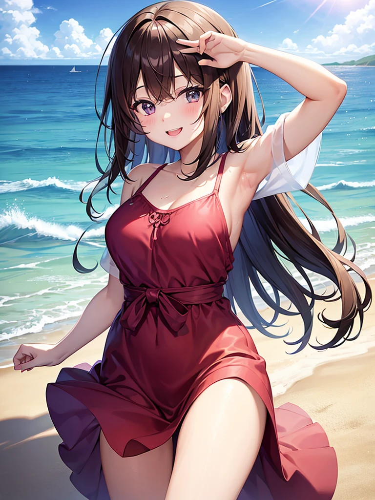 Location in Japan, Anime 1 girl, Brown hair, Eye color at the top is blue to the bottom is slightly purple, Cute face, Slim body, Medium and firm breasts, Slightly messy hair, smooth white skin like Mutia, The sun has set, on the beach, looking at the beach view, raise one hand above your head, wearing a summer dress, Happy smiling, masterpiece, 8k.