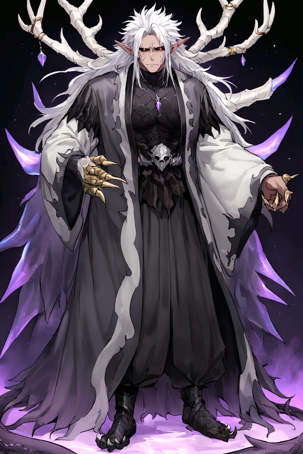 solo, 20 year old male, character fusion, nidhogg fused with odin and sun wukong, tall tanned man with wild unruly white hair, bangs on face, bangs, ((iridescent irises)), black sclera on eyes, long voluminous hair, spiky hair, pointy ears, fit , clawed fingers, dragon tail, open haori, turtleneck tanktop, manly jaw, dark crystal antlers, exhausted expression, khaenr'ah abyss, draconic person, calamity incarnate, full body