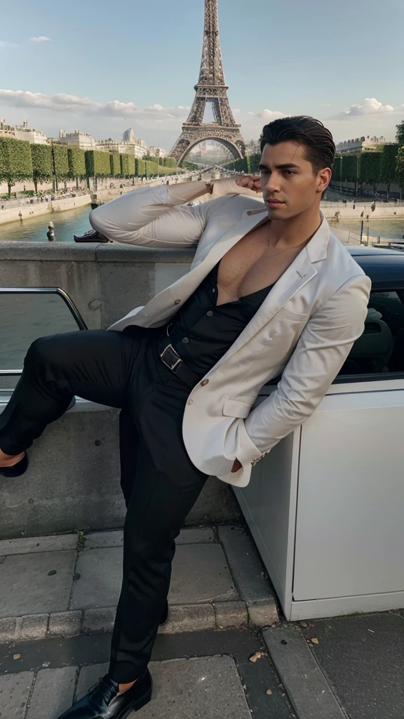 Aqui está o prompt atualizado com as mudanças solicitadas:
"A handsome and attractive man with a more masculine appearance, short straight hair slicked back, brown eyes, and lightly tanned skin. He is dressed in a chic, tailored black suit, white dress shirt, and black dress shoes, exuding power and confidence. He stands in a picturesque location in Paris, with iconic landmarks such as the Eiffel Tower in the background. The scene captures the essence of elegance and sophistication, with the romantic and historic atmosphere of the city. His face is highly realistic, capturing fine details and lifelike expressions."
