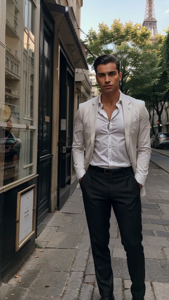 Aqui está o prompt atualizado com as mudanças solicitadas:
"A handsome and attractive man with a more masculine appearance, short straight hair slicked back, brown eyes, and lightly tanned skin. He is dressed in a chic, tailored black suit, white dress shirt, and black dress shoes, exuding power and confidence. He stands in a picturesque location in Paris, with iconic landmarks such as the Eiffel Tower in the background. The scene captures the essence of elegance and sophistication, with the romantic and historic atmosphere of the city. His face is highly realistic, capturing fine details and lifelike expressions."