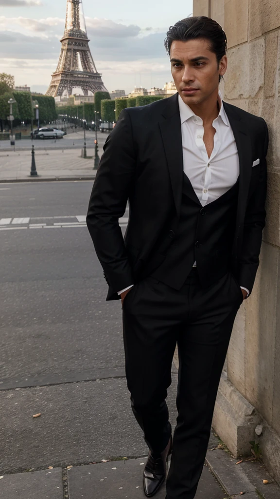 Aqui está o prompt atualizado com as mudanças solicitadas:
"A handsome and attractive man with a more masculine appearance, short straight hair slicked back, brown eyes, and lightly tanned skin. He is dressed in a chic, tailored black suit, white dress shirt, and black dress shoes, exuding power and confidence. He stands in a picturesque location in Paris, with iconic landmarks such as the Eiffel Tower in the background. The scene captures the essence of elegance and sophistication, with the romantic and historic atmosphere of the city. His face is highly realistic, capturing fine details and lifelike expressions."