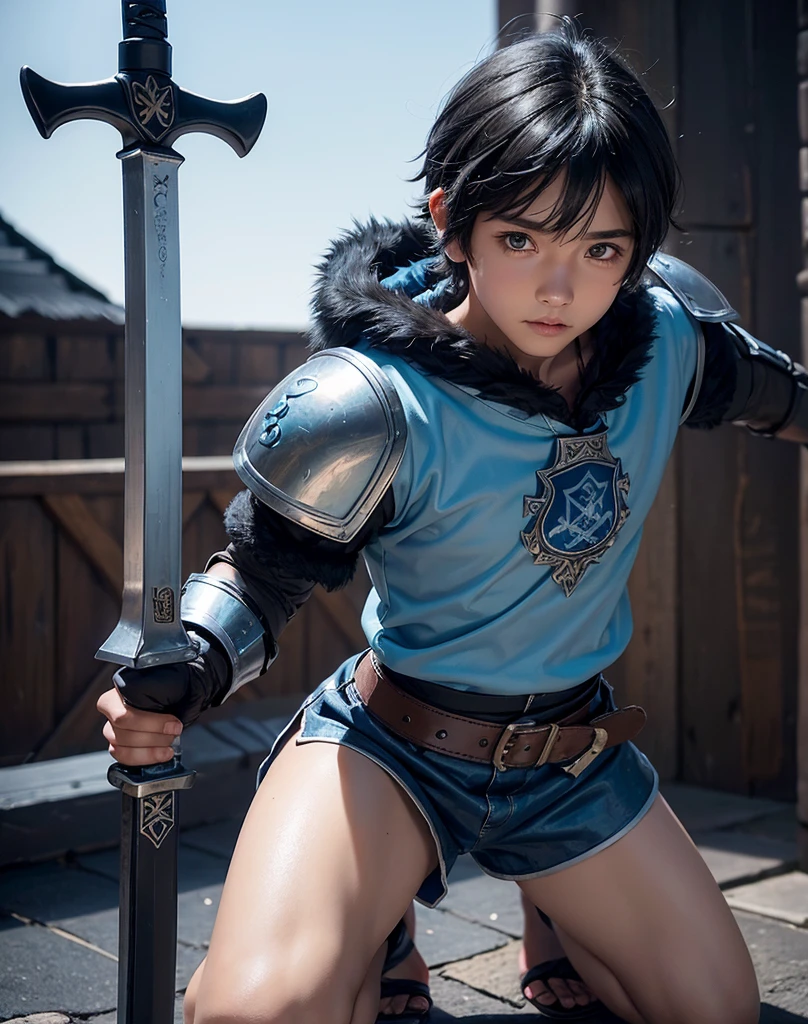 Young 13-year-old boy with black hair and brown eyes, innocent and happy, dressed in short neon-blue medieval barbarian clothes, fur shorts, light-blue battle armor, weilding silver sword and shield, sandals; fullbody; short hair, boyish athletic, sexy,