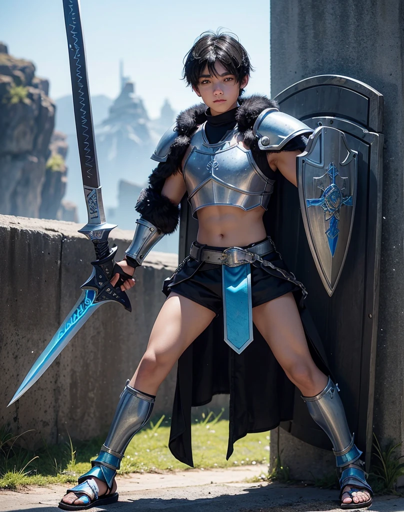 Young 13-year-old boy with black hair and brown eyes, innocent and happy, dressed in short neon-blue medieval barbarian clothes, fur shorts, light-blue battle armor, weilding silver sword and shield, sandals; fullbody; short hair, boyish athletic, sexy,