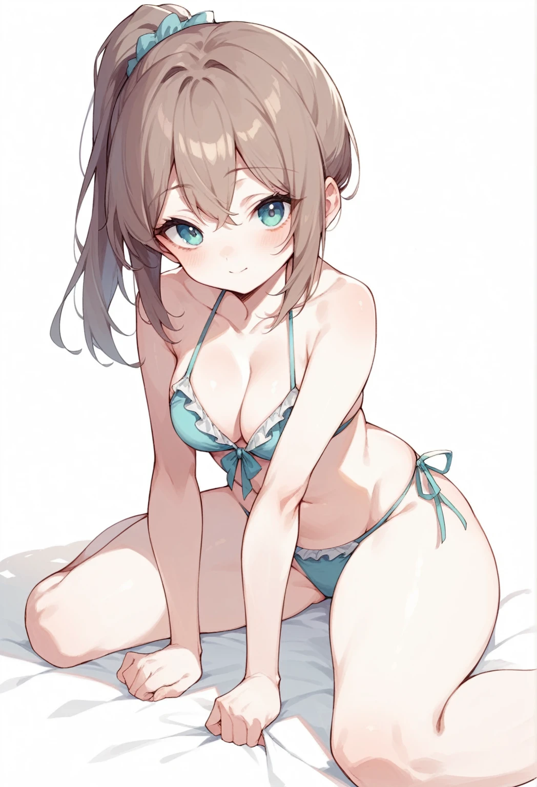 cute girl wearing cute frilly bikini sitting and looking at you shyly, white background