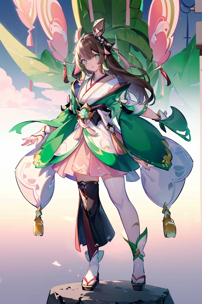 ((Genshin impact style)) (masterpiece), (high quality), 1 girl, 16 years, female body, white skin, freckles, ((long, and wavy DARK-BROWN HAIR)), ((green and bright eyes, pink lips, designs from East Asian, Game character costume design, Japanese clothing style with a green and light pink color palette, Japanese hair accessories, Dendro Vision, ((White background)) ((full body standing up)) intricate details, lens flare，ultra high resolution，sharp focus，HD，8k，clear facial features，clear details，beautiful eyes，beautiful face