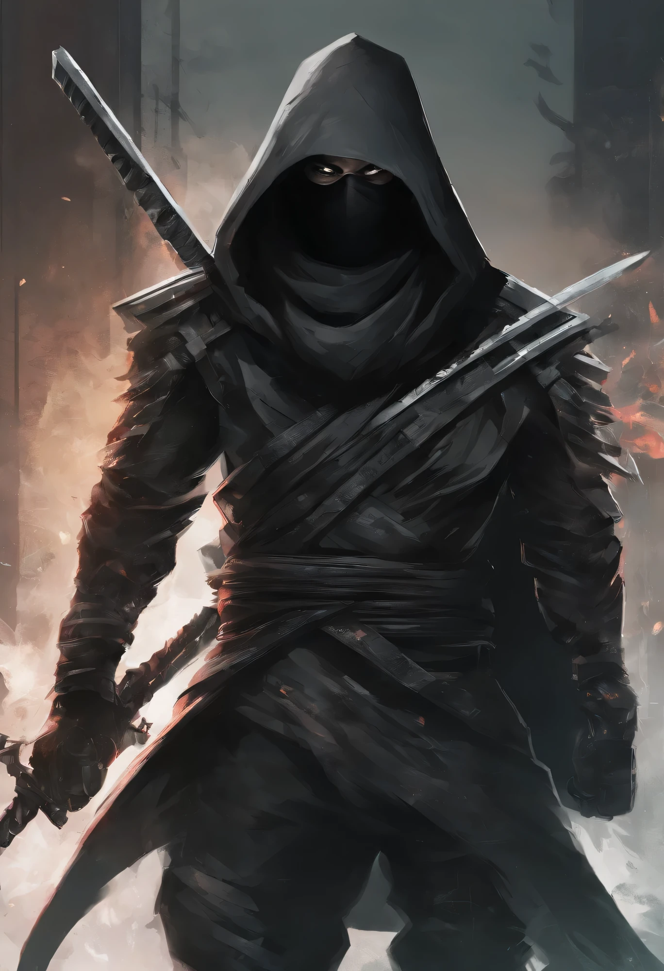Ninja boy in black hood and black mask with white hair and green eyes, Loading of firearms