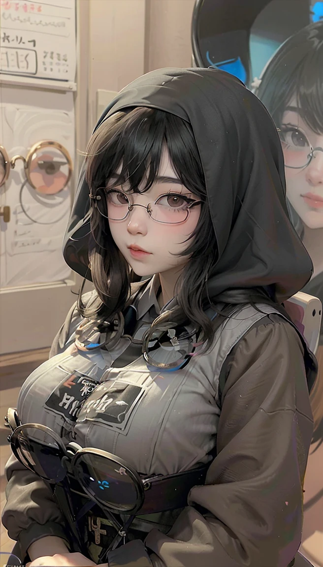 (1 girl:1.3)、Emiru, Twitch Streamer Emiru, solo、__body parts__、official art、unity 8k wallpaper、super detailed、Cosmetology and aesthetics、big breasts beautiful、master piece、best quality、fantastic atmosphere、calm color palette、feeling calm、soft shades、sexy nun, ((((giant glasses, otaku glasses, thick glasses, round glasses))))、charisma spell、vignette、Duties of a nun、look at the camera，light smile，the biggest：1.4