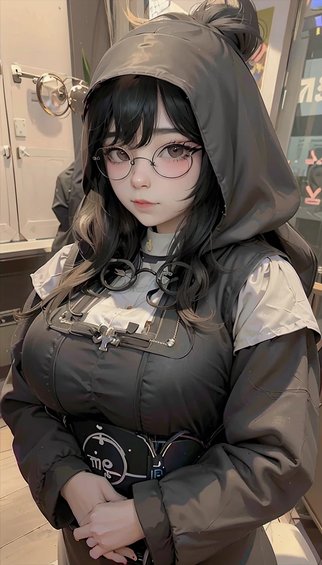 (1 girl:1.3)、Emiru, Twitch Streamer Emiru, solo、__body parts__、official art、unity 8k wallpaper、super detailed、Cosmetology and aesthetics、big breasts beautiful、master piece、best quality、fantastic atmosphere、calm color palette、feeling calm、soft shades、sexy nun, ((((giant glasses, otaku glasses, thick glasses, round glasses))))、charisma spell、vignette、Duties of a nun、look at the camera，light smile，the biggest：1.4