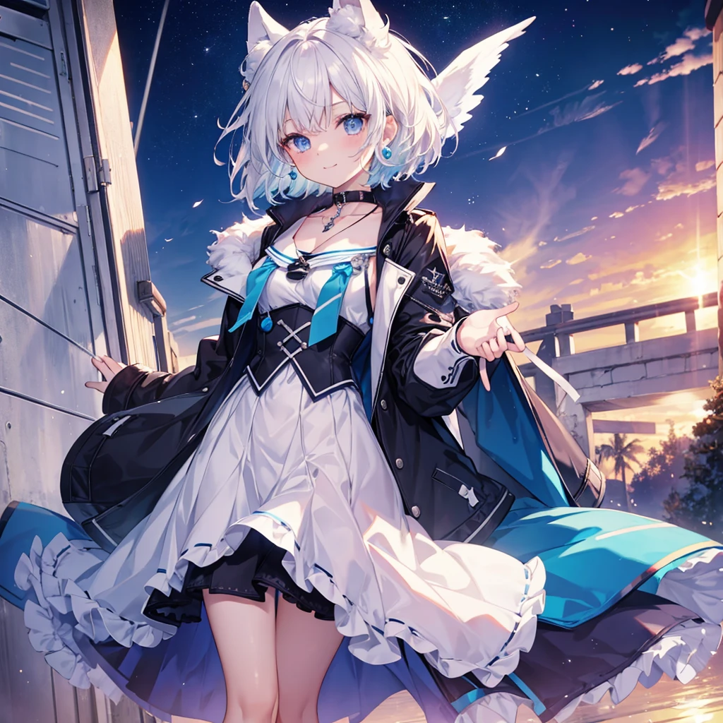 White Hair blue eyes short hair Have student Cat ear nice Blue Earrings necklace gloves beauty thin Sailor suit Put on a black coat Fantasy smile coastal sunset Fluffy hair