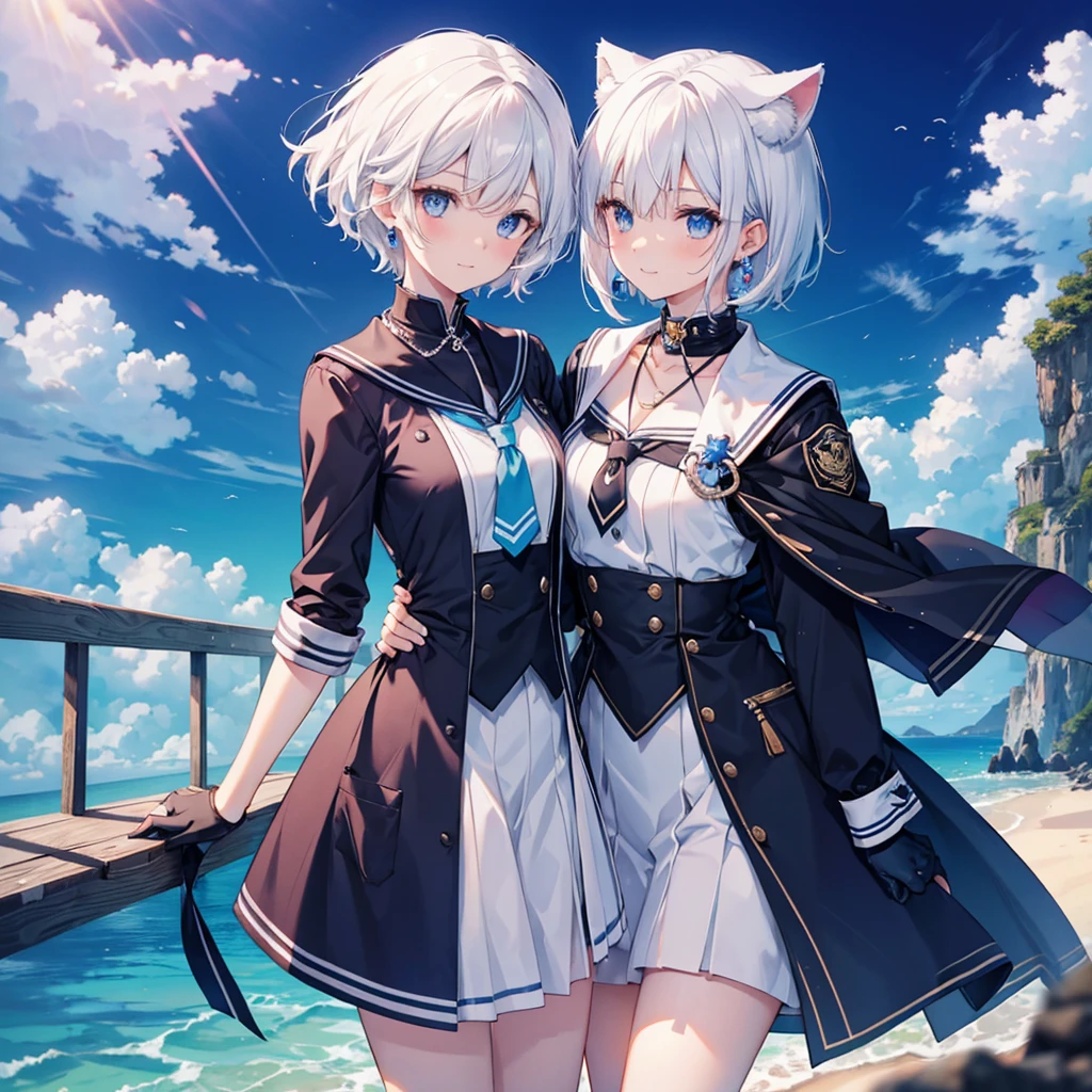 White Hair blue eyes short hair Have student Cat ear nice Blue Earrings necklace gloves beauty thin Sailor suit Put on a black coat Fantasy smile coastal sunset Fluffy hair