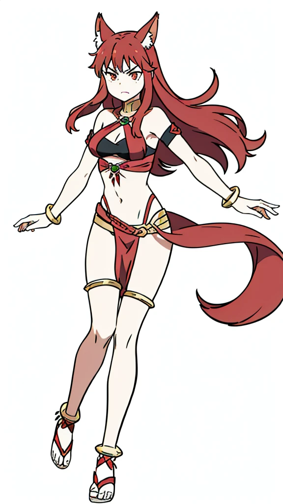 1girl ,20s,angry face,red hair,long hair,fox ears,(white background, line drawing),plegian,bodystocking, midriff, navel