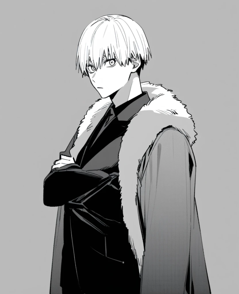 yuto-sano, 1boy, Kaneki, black hair, black suit, black long sleeves, fur coat, elegant, monochrome, solo, greyscale, male focus, looking at viewer