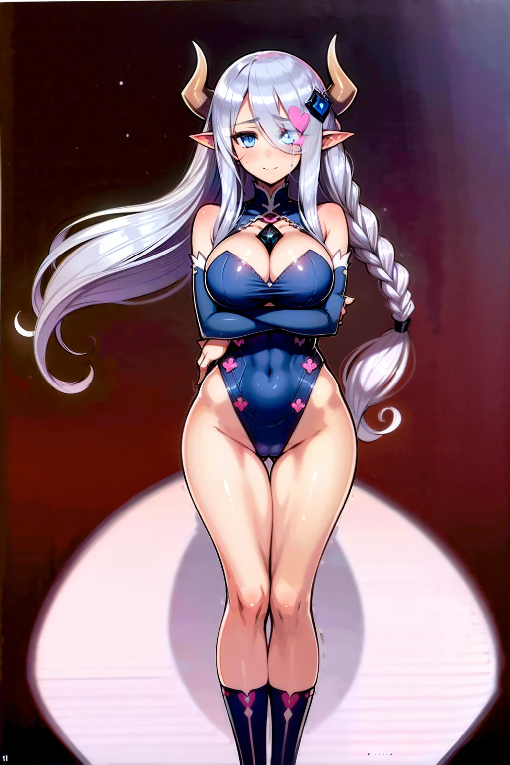 (((1 demon girl))), ((detailed blue eyes)), ((long silver hair)), large breasts, curvy hips, perfectly drawn body, seductive smile, narmaya, best quality, masterpiece, ultra-detailed