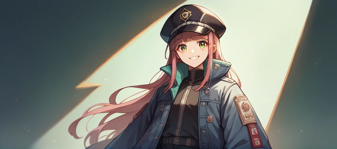 (masterpiece, best quality:1.2), cowboy shot, solo, 1girl, komori met, smile, looking at viewer, black headwear, jacket, long sleeves, gloves