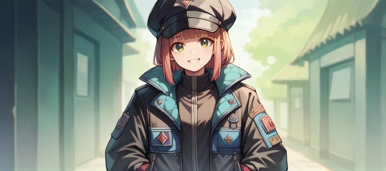 (masterpiece, best quality:1.2), cowboy shot, solo, 1girl, komori met, smile, looking at viewer, black headwear, jacket, long sleeves, gloves