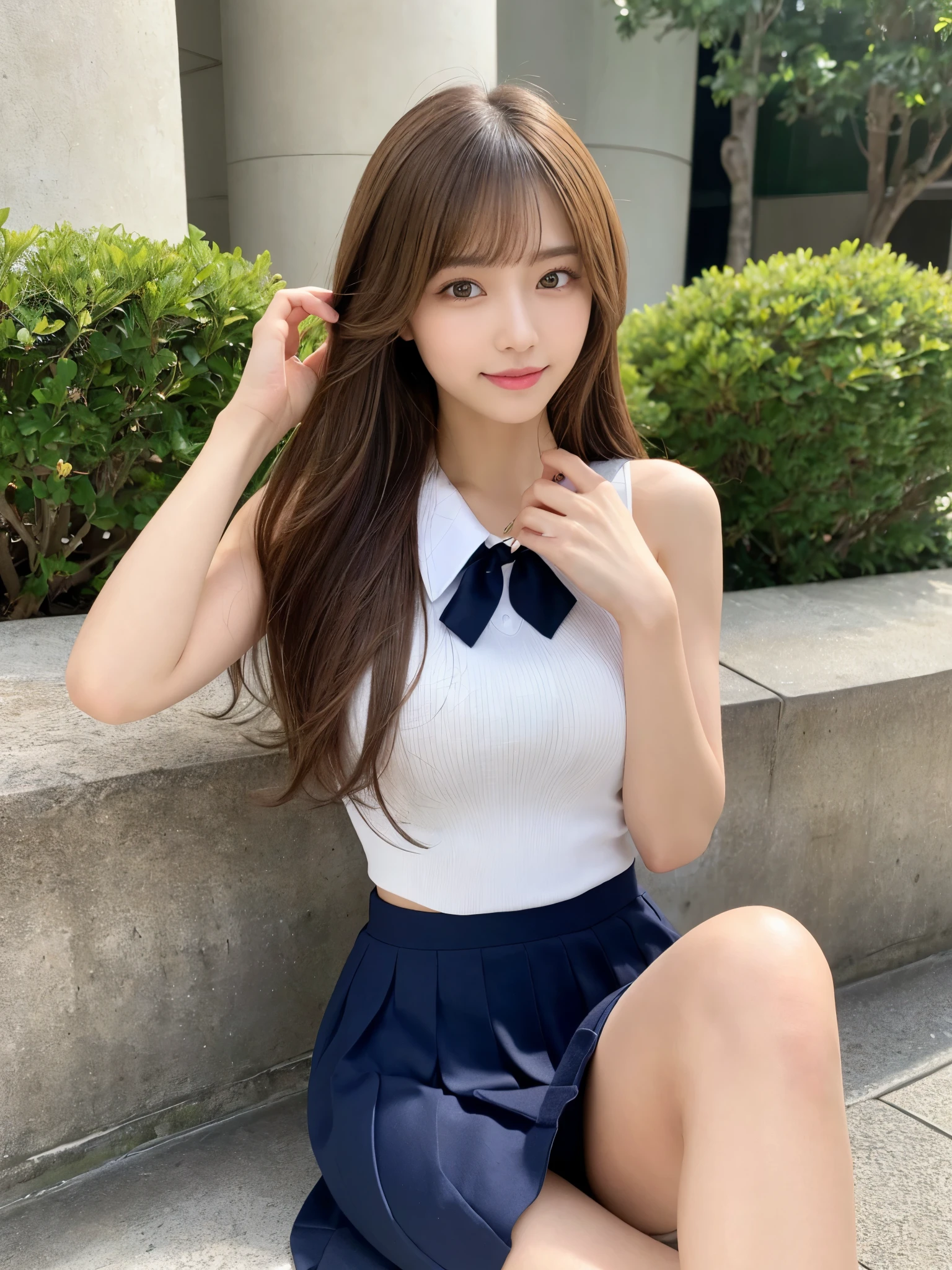 (Detailed skin:1.2),(Shiny skin:1.1),8K,Highest quality, masterpiece, Ultra-high resolution,(Realistic:1.4), RAW Photos,(Soft saturation:1.3),(Fair skin:1.2),Japanese Idols,repair,20 years, Light brown hair, （Long Hairstyles:1.2), Asymmetrical Hair, Asymmetrical bangs (Pretty face:1.4), (Big Breasts, Tight waist), Beautiful lighting, Small Head, (uniform:1.2,),Highly detailed face, Highly detailed lips, fine grain, double eyelid,（Full Body Shot）, Browsing Caution, （Sharp focus: 1.2）, （Perfect Anatomy、Beautiful woman with perfect figure: 1.2）、Random sexy poses，Accentuate your leg lines、Smiling
